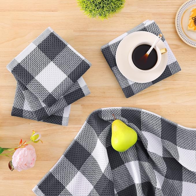 Homaxy Kitchen Towels and Dishcloths Set, Set of 8, White & Dark Grey | Bulk Cotton Waffle Weave Check Plaid Kitchen Towels, Super Soft and Absorbent Dish Cloths, 12 x 12 and 13 x 28 Inches