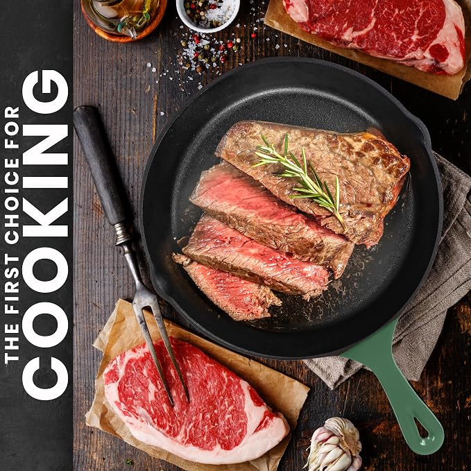 Utopia Kitchen Cast Iron Skillet Set 3 Piece 6 8 10 Inch PFAS-Free Green | Chef Pan, Even Heat Distribution, Stovetop, Campfire and Grill Safe, Large Skillet Set, Indoor Outdoor Use