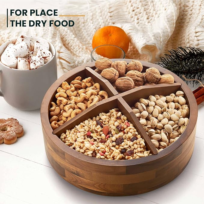 TIDITA 12" Wooden Lazy Susan Organizer with 4 Dividers, High Rim, Rotate | 360° Rotation, Acacia Wood, Non-Skid Pads, Removable Dividers, Wooden Round Serving Turntable for Tabletop, Multi-Use
