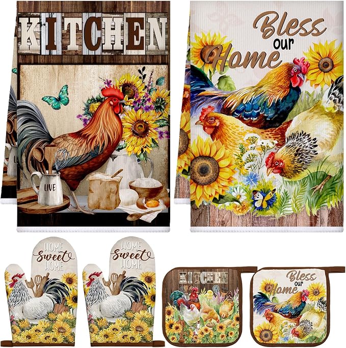 Leinuosen 6 Rooster Sunflower Farmhouse Kitchen Decor Dish Towels Oven Mitts and Pot Holders Sets Chicken Kitchen Towels Absorbent Decorative Accessories for Cooking Baking Grilling