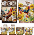 Leinuosen 6 Rooster Sunflower Farmhouse Kitchen Decor Dish Towels Oven Mitts and Pot Holders Sets Chicken Kitchen Towels Absorbent Decorative Accessories for Cooking Baking Grilling