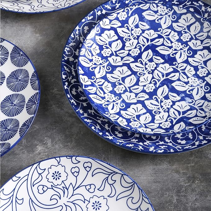 Selamica 8 inch Porcelain Dinner Plates, Large Size Serving Plate for Salad, Pancakes, Steak, Set of 6, Vintage Blue