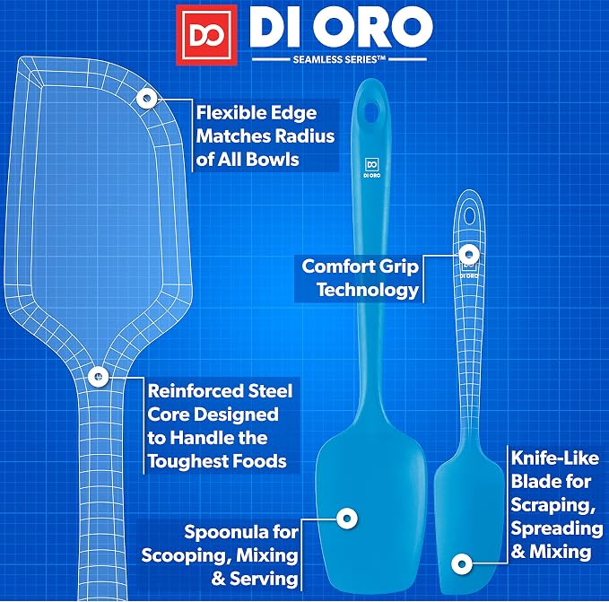 DI ORO Silicone Spatula Set - Rubber Kitchen Spatulas for Baking, Cooking, & Mixing - 600°F Heat-Resistant & BPA Free Silicone Scraper Spatulas for Nonstick Cookware - Dishwasher Safe (3pc, Blue)