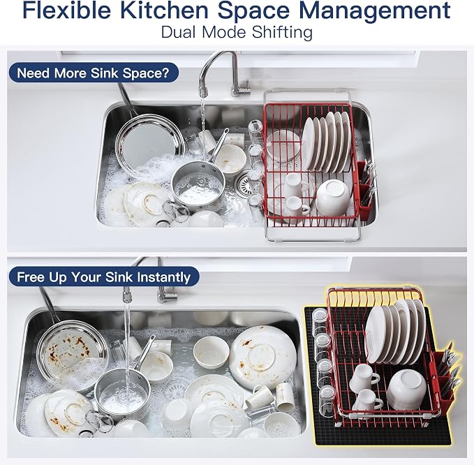 JASIWAY Red Dish Drying Rack in Sink with Mat, Cups and Utensil Holder | Use Over the Sink or Counter, Stainless Steel Expandable Dish Drainer for Small Kitchen, Space Saving, Fast Drain, Rustproof