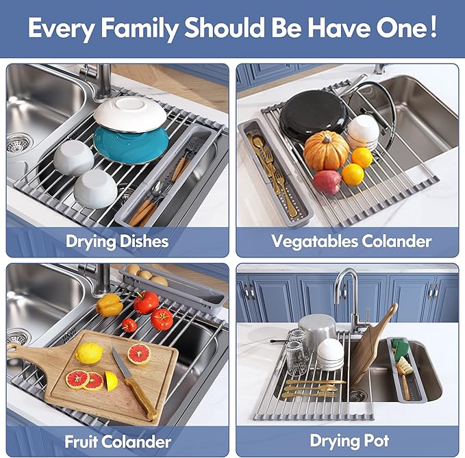 JASIWAY Roll Up Dish Drying Rack for Kitchen Sink with Utensil Holder | Foldable Expandable Stainless Steel Over Sink Dish Drainer, Silicone Wrapped, Multipurpose Portable Sink Drying Mat, Gray