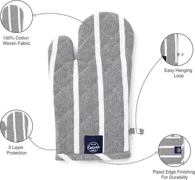 Encasa XO Oven Mitts, Heat Resistant Kitchen Gloves, Microwave | Roma Grey Stripes, 100% Cotton | Diamond Quilted Insulation | Pot Holders | Hanging Loop | Barbecue & Grill | Set of 2