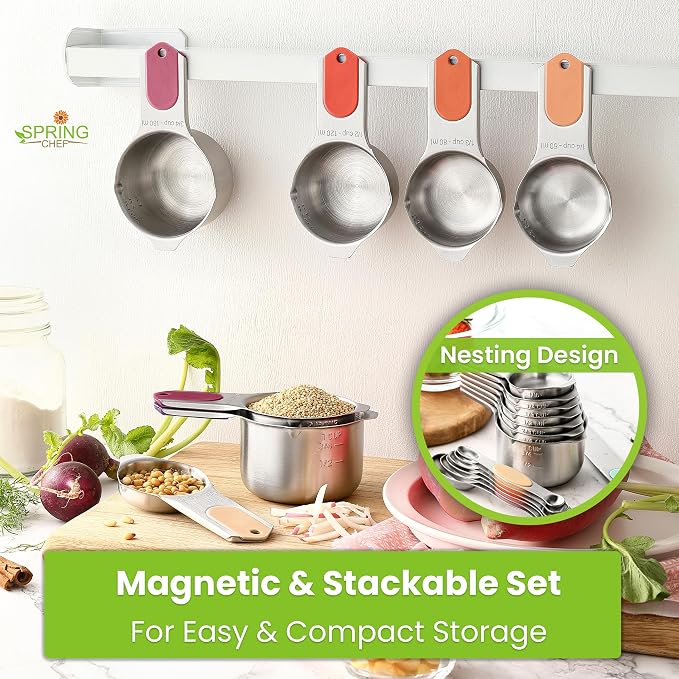 Spring Chef 15 Magnetic Measuring Cups & Spoons, Patented, Desert Sunset | Nesting Stainless Steel Measuring Cups & Heavy Duty Metal Measuring Spoons with Levelers for Dry & Liquid Ingredients
