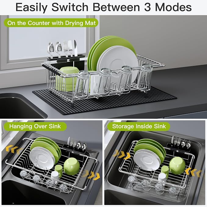 JASIWAY in Sink Dish Drying Rack with Mat, Cups and Utensil Holder | Use Over the Sink or Counter, Stainless Steel Expandable Dish Drainer for Small Kitchen, Space Saving, Fast Drain, Rustproof