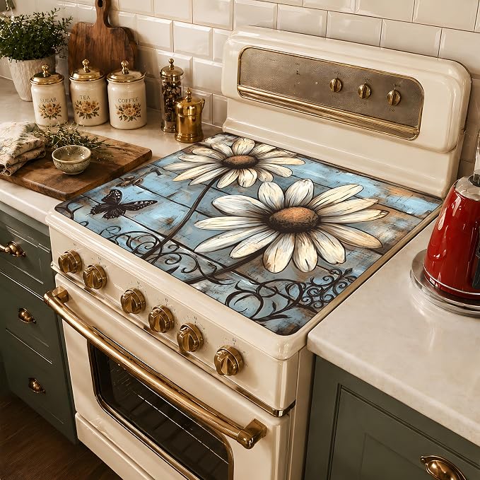 Daisy Stove Cover 28.3 x 20.5 Inches, Farmhouse Stove Top Protector, Heat Resistant Non Slip Glass Electric Stove Cover Board, Rustic Floral Kitchen Decor Mat (White sunflower)