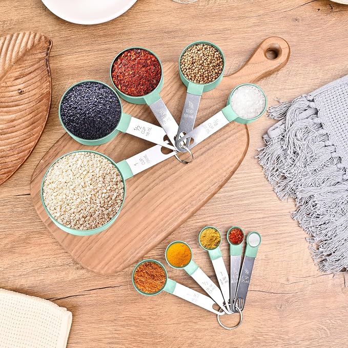 Measuring Cups and Spoons Set, 10 Pieces Nesting Measure Cups and Spoons, Kitchen Essentials Gadgets with Stainless Steel Handle for Dry & Liquid Ingredient (Lake Green 10 Pcs)