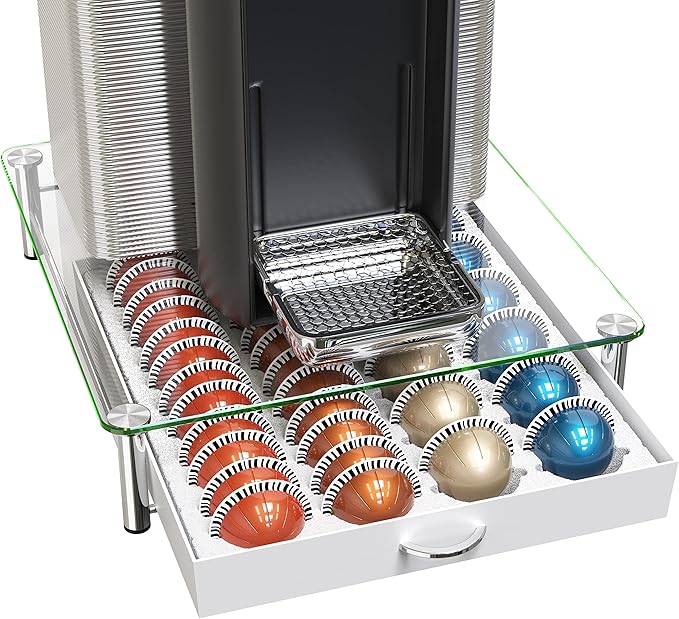 Deco Brothers Tempered Glass Vertuo Pod Holder, Fits 24 Large/48 Small Pods | Compatible with Nespresso Capsule, White
