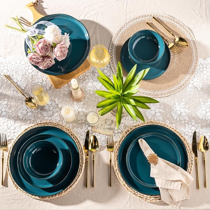 AmorArc Dinnerware Sets for 4, 12 Pieces Ceramic Plates and Bowls Set | Scratch Resistant Stoneware Dishes Set, Dishwasher & Microwave Safe,Deep Green