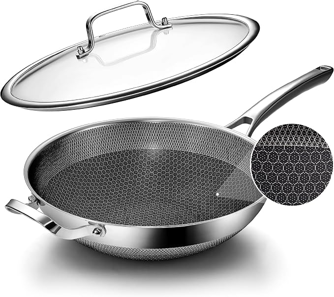 FGJ Wok pan,12 inch Hybrid Wok with Lid,PFOA Free Cookware,Non Stick Stainless Steel Woks & Stir-fry pans Nonstick, Dishwasher and Oven Safe, Works on Induction
