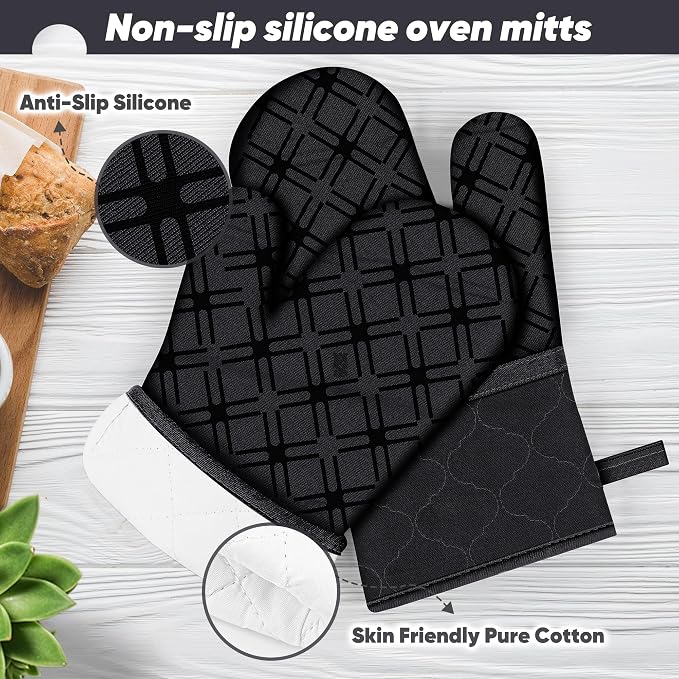 Oven Mitts and Pot Holders Set with Dishcloths, 500 Degree Heat Resistant Oven Gloves and Hot Pads, Premium Soft Cotton Kitchen Mittens and Dish Cloth Sets-Black