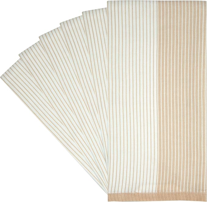 Premium Kitchen Towels 6 Pack 100% Cotton, 20"x28" - Tan | 238GSM Yarn Dyed Flat Woven Stripe Dish Towel for kitchen | Kitchen hand towels with Hanging Loop | Absorbent Linen set