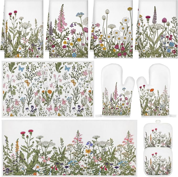 Fanfanwin 10 Pcs Wildflower Kitchen Decor Set Floral Kitchen Towels and Rugs Pot Holders Oven Mitts Spring Dishcloths Fast Drying Decorative Set for Baking Cooking Gift
