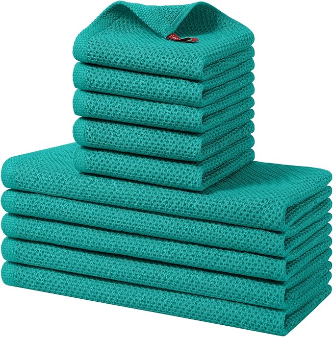 Homaxy 10 Pack 100% Cotton Kitchen Towels and Dishcloths Set, Teal | 12 x 12 Inches and 13 x 28 Inches Kitchen Towels Set, Ultra Soft Absorbent Dish Cloths for Washing Dishes