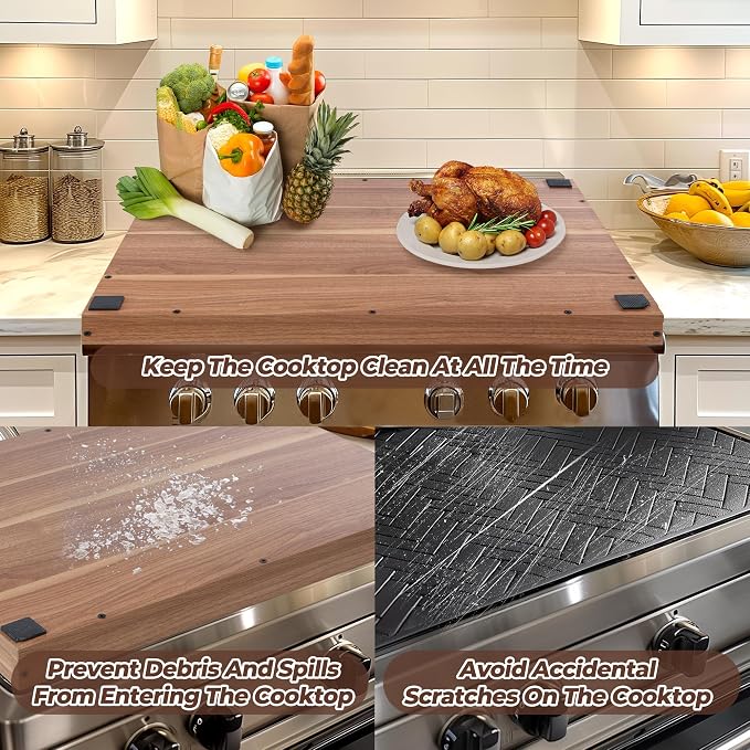 WOLKI Wooden Noodle Board Stove Top Cover For Gas Burners & Electric Stoves | 30"L x 22"W x 2.5"Th Heavy-Duty Stove Cover With Built-In Handles For RV Stoves, Serving Tray & Space Saver