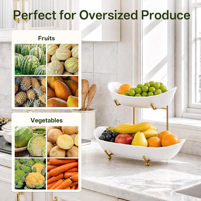 HBlife Large Tiered Fruit Bowl for Kitchen Counter - 2 Tier Ceramic Fruit Basket, Serving Trays for Party, Gold Rack