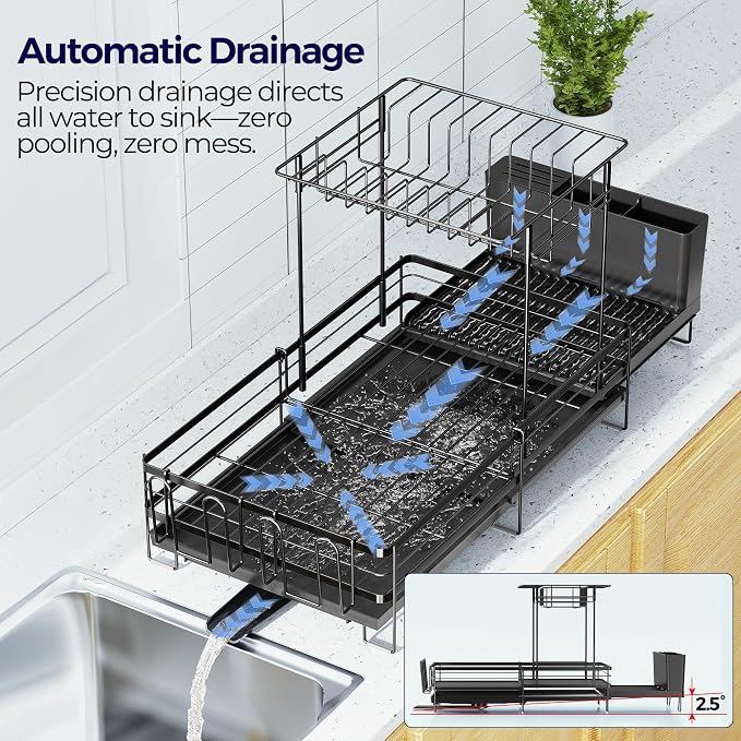 Large Dish Drying Rack, Expandable Dish Rack for Kitchen Counter, Dish Drainer with Drainboard Set, Multifunctional Dishrack with Utensil & Cup Holder, 13.4"-28.7" L x 11.8" W x 9.3" H, Black