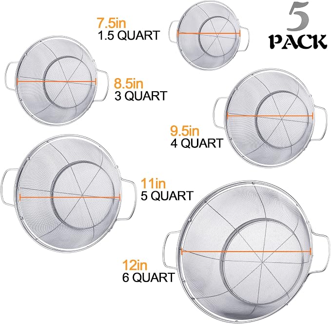 5 Pack 18/8 Stainless Steel Colander Sieves, Multi Size Mesh Strainer Net Baskets with Handles & Resting Base for Strain, Drain, Rinse or Steam