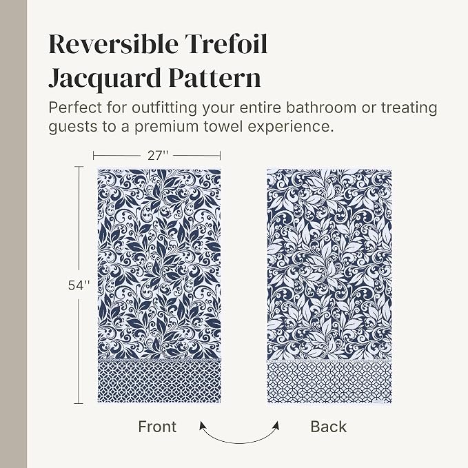 Modern Threads 6 Piece Bath Towel Set – Bathroom Set with 2 Bath Towels, 2 Hand Towels, and 2 Wash Cloths – 100% Cotton, Super Absorbent & Extra Soft – Reversible Botanical Vine (Navy)