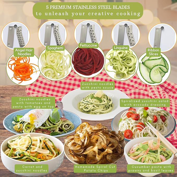 Brieftons 5-Blade Vegetable Spiralizer & Veggie Noodle Maker: Japanese 420-Grade Steel Blades for Zucchini Pasta, Sweet Potato & Beet Noodles, Strong Suction Pad, 4 Recipe eBooks | Keto Vegan Paleo