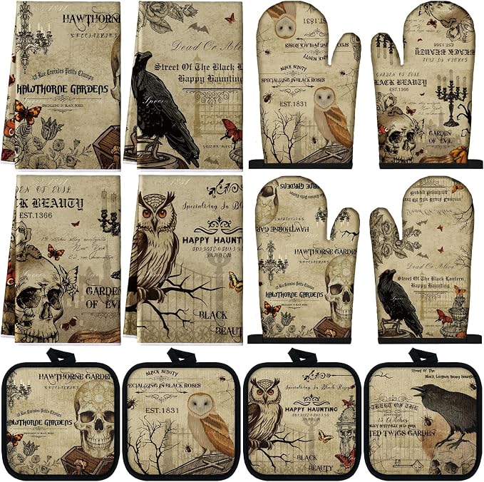 SiliFine 12 Pcs Halloween Gothic Kitchen Accessories Set Gothic Skull Oven Mitts Raven Pot Holders Owl Kitchen Towels for Halloween Home Decorations, Cooking Baking Gifts