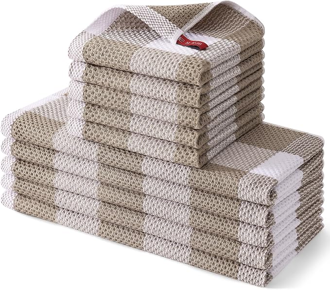 Homaxy Kitchen Towels and Dishcloths Set, Set of 10, White & Khaki | Bulk Cotton Waffle Weave Check Plaid Kitchen Towels, Super Soft and Absorbent Dish Cloths, 12 x 12 and 13 x 28 Inches