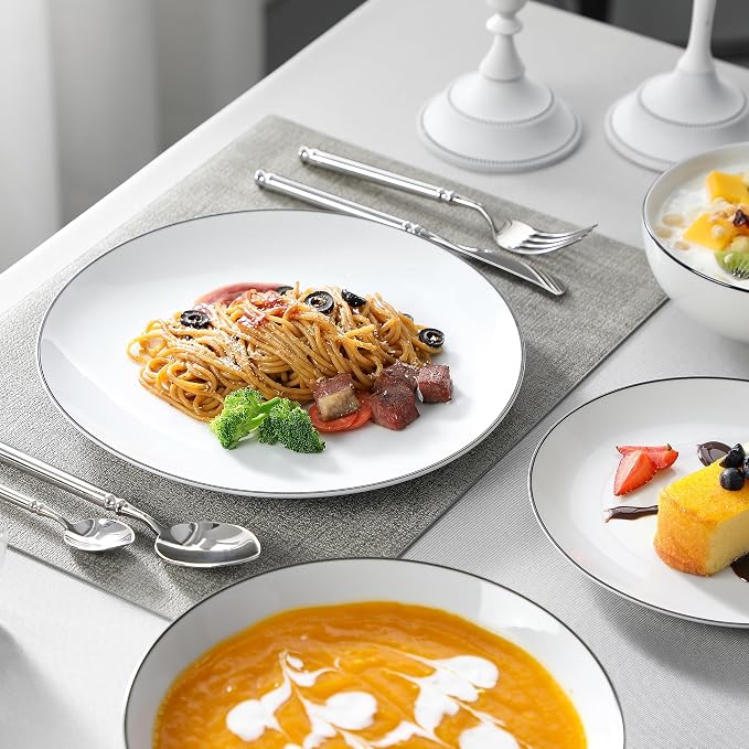 MALACASA 24-Piece Porcelain Dinnerware Set, with Black Rim Dish Set for 6 | Modern White Serving Plates and Bowls Sets for Dessert, Salad, Soup, Pasta, Microwave & Dishwasher Safe - Series AMELIA