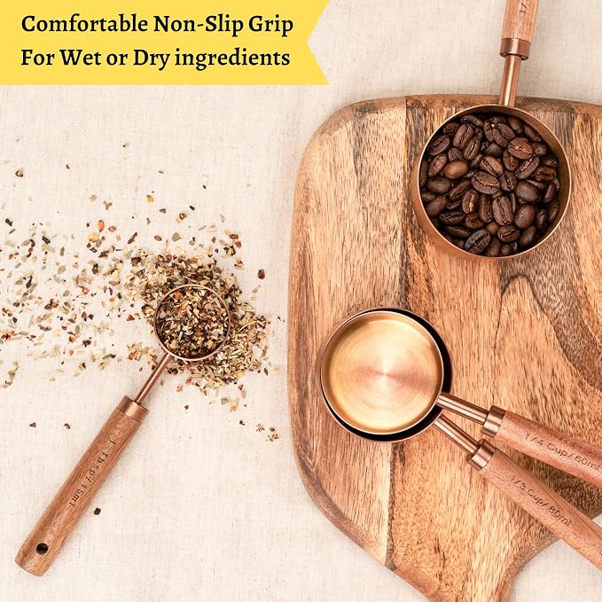 Copper Stainless Steel Measuring Cups and Spoons Set of 8, Wooden Handle with US and Metric Measurements