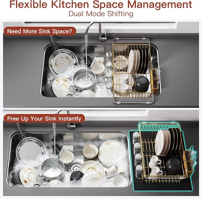 JASIWAY Gold Dish Drying Rack in Sink with Mat, Cups and Utensil Holder | Use Over the Sink or Counter, Stainless Steel Expandable Dish Drainer for Small Kitchen, Space Saving, Fast Drain, Rustproof