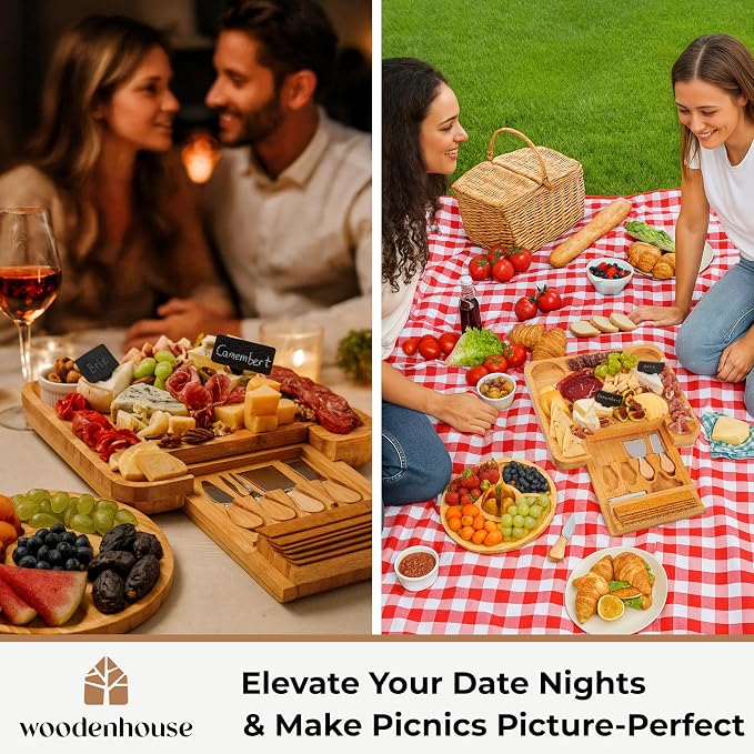 Bamboo Charcuterie Boards Gift Set - Meat and Cheese Tray with Utensils | Fruit Server & 2 Sauce Bowls Included – House Warming, Wedding & New Home Present