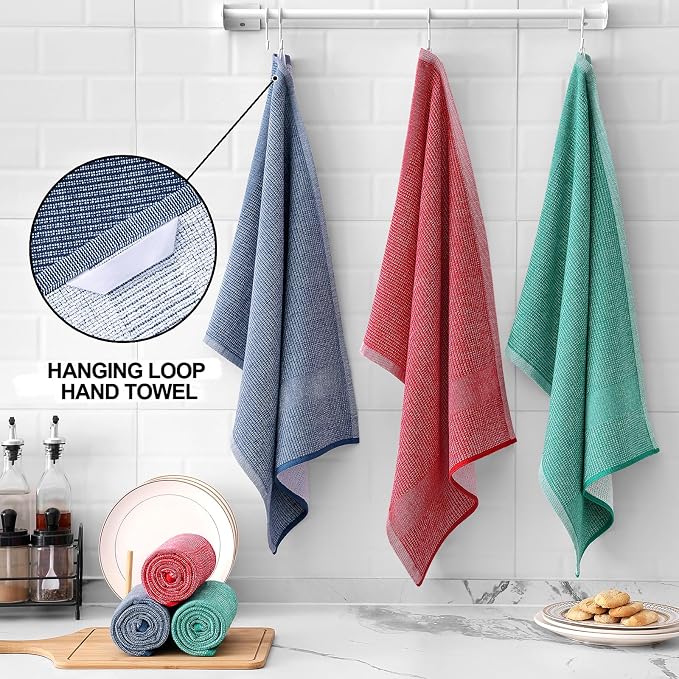 Homaxy 380 GSM Cotton Premium Kitchen Towels 6 Pack, 18"x 28", Mix | Flat and Terry Dish Towels, Highly Absorbent Tea Towel Set with Hanging Loop, Soft Kitchen Hand Towels, Navy/Red/Green