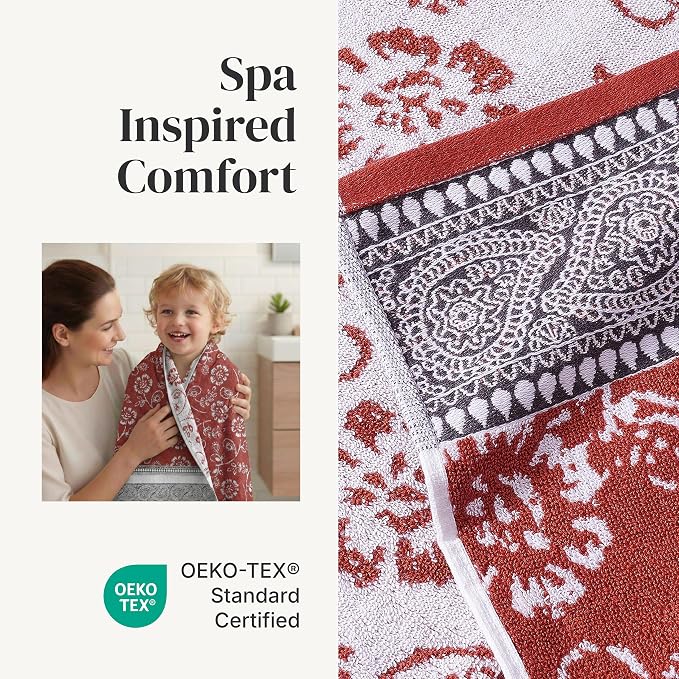 Modern Threads 6 Piece Bath Towel Set – Bathroom Set with 2 Bath Towels, 2 Hand Towels, and 2 Wash Cloths – 100% Cotton, Super Absorbent & Extra Soft – Reversible Floral Trail (Rust Orange)