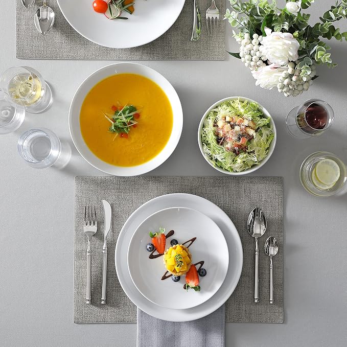 MALACASA 24-Piece Porcelain Dinnerware Set, White Round Dish Set for 6 | Modern Serving Plates and Bowls Sets for Dessert, Salad, Soup, Pasta, Microwave & Dishwasher Safe - Series AMELIA