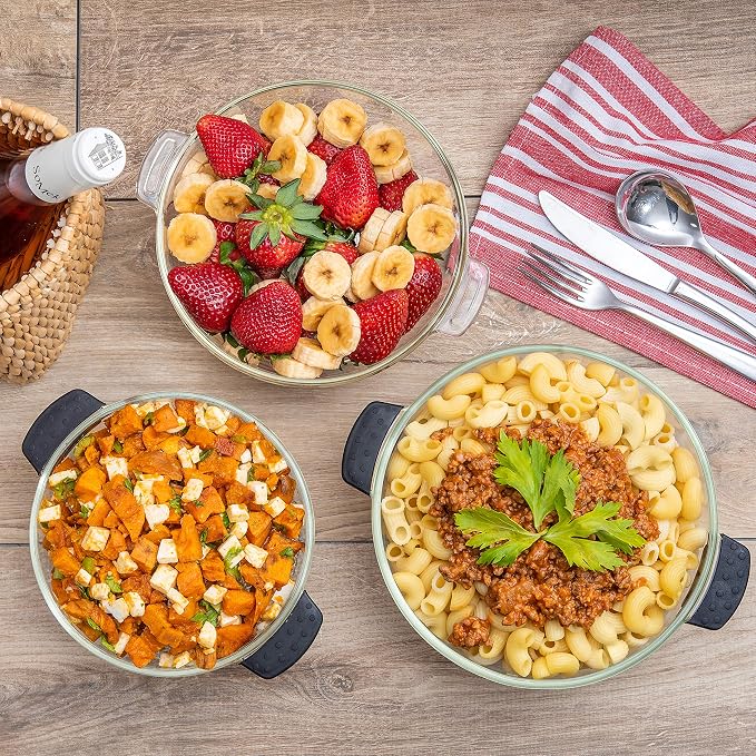Moss & Stone Clear Glass Casserole Dish Set with Lids, Glass Baking Dishes | 3-Piece Borosilicate Glass Bakeware Set with Plastic Lids, 3 Round Baking Dishes for Oven, Microwave, Serving & Food Storage