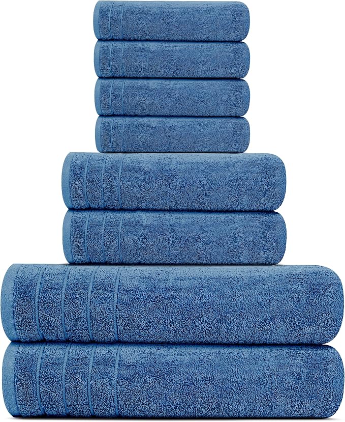 8 Piece Towel Set, 2 XL Bath, 2 Hand, 4 Washcloth, Blue | 100% Cotton, Lighter Weight, Quicker to Dry, Super Absorbent, Perfect for Bathroom