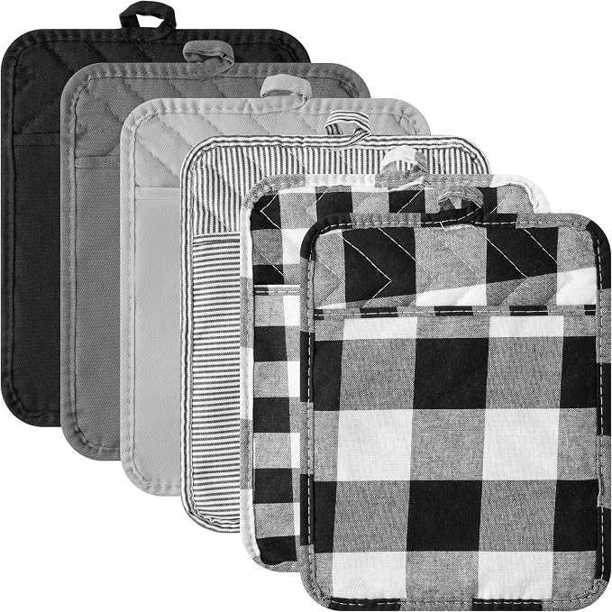 R HORSE 6 Pack Black Gray Check Pot Holders with Pocket, 7''x 9'' | Cotton Plaid Kitchen Potholders, Heat Resistant Oven Mitts, Non-Slip Hot Pads Terry Cloth, Ideal for Cooking, Baking