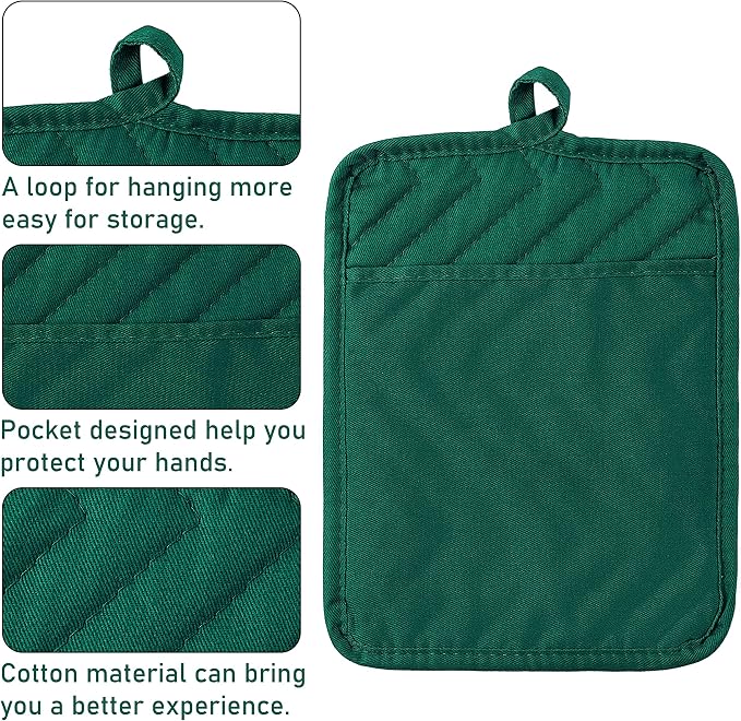 5Pack Pocket Pot Holders Cotton Heat Resistant Potholder Multipurpose Hot Pads Machine Washable Oven Mitts Heat Pads for Daily Kitchen Baking and Cooking 8.9 x 6.9 in Dark Green