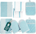 Casa Platino Oven Mitts and Pot Holders Sets, 8-Piece – 500°F Heat Resistant Mini Oven Mitt with Silicone Grip, Potholders for Kitchens, 2 Kitchen Towels & 2 Dish Cloths – Non-Slip & Durable – Aqua