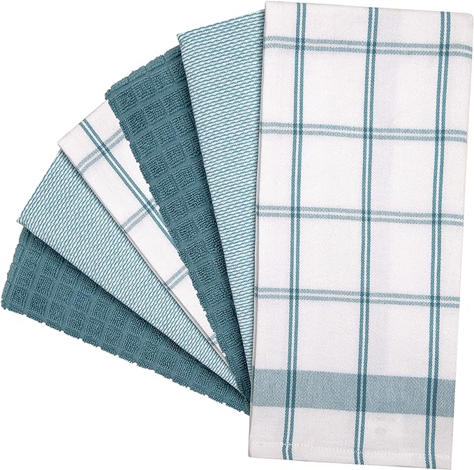 Premium Kitchen Towels 6 Pack 100% Cotton, 20"x28" Dish Towels - Teal Check | Large Flat & Terry Kitchen Linen Set with Hanging Loops, Highly Absorbent for Washing and Drying Dishes