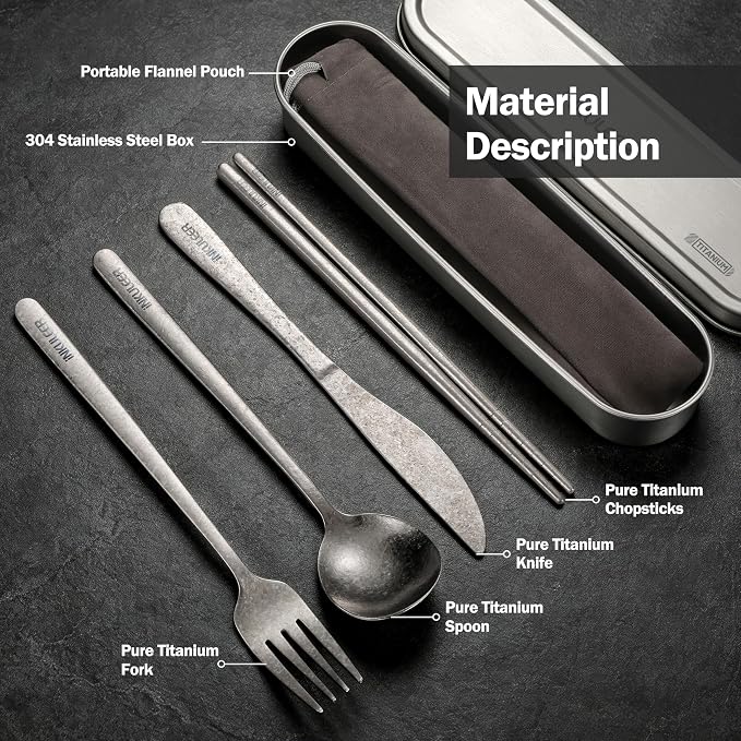 iNKULEER 100% Pure Titanium Travel Cutlery Set | Reusable Utensils with Metal Case | Portable Silverware for Camping, Office, Travel & Outdoor Dining