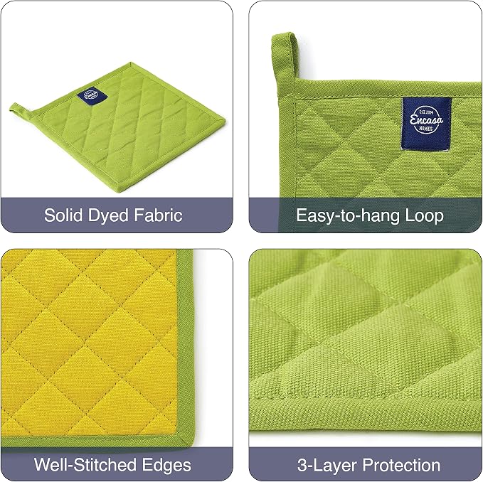 Encasa XO Pot Holders, Quilted Kitchen Hot Pads 8"x8" Lime Green | 100% Heavyweight Cotton | Quilted Insulation | Multipurpose Trivets & Hot Pads | Hanging Loop | Set of 2