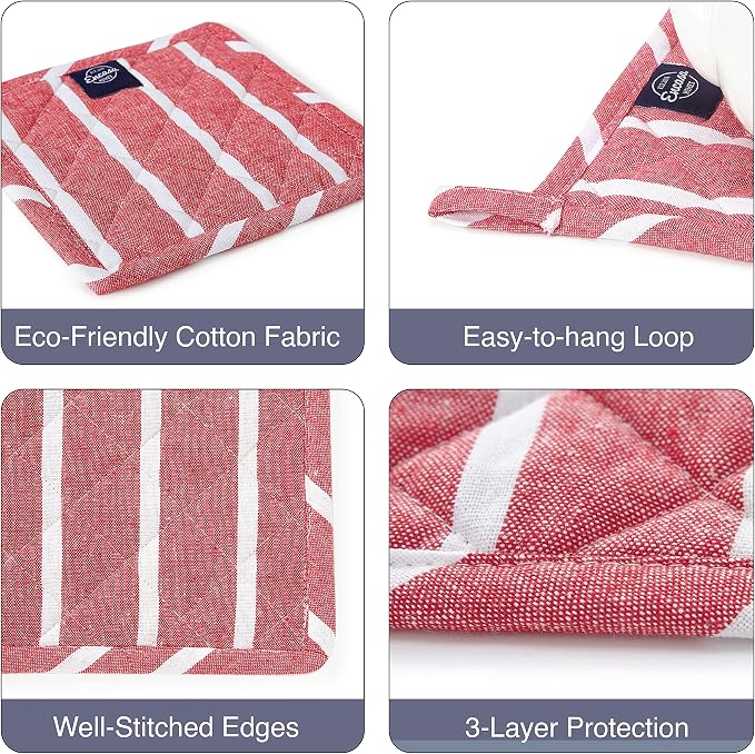 Encasa XO Pot Holders, Quilted Kitchen Hot Pads 8"x8" Roma Red Stripes | 100% Eco-Friendly Cotton | Thick Cotton Padding Insulation | Convenient Hanging Loop | Set of 2