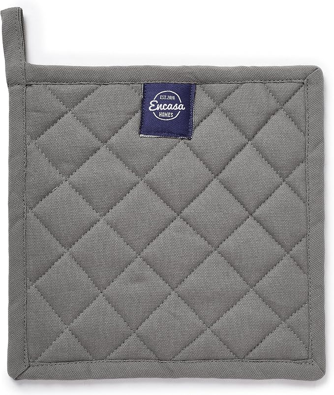 Encasa XO Pot Holders, Quilted Kitchen Hot Pads 8"x8" Grey | 100% Heavyweight Cotton | Quilted Insulation | Multipurpose Trivets & Hot Pads | Hanging Loop | Set of 2
