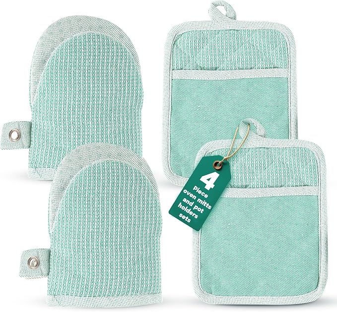 Casa Platino Heat Resistant Oven Mitts & Pot Holders, 4-Piece – Oven Mitt for Baking & BBQ, Potholders for Kitchens – Withstands Heat Up to 500°F, Soft, Durable & Non-Slip – Sage