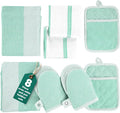 Casa Platino Potholders & Oven Mitts Heat Resistant, 8-Piece Mini Oven Mitt with Silicone Grip, Potholder for Kitchens, 2 Kitchen Towels & 2 Dish Cloths – Durable & Non-Slip – Sage