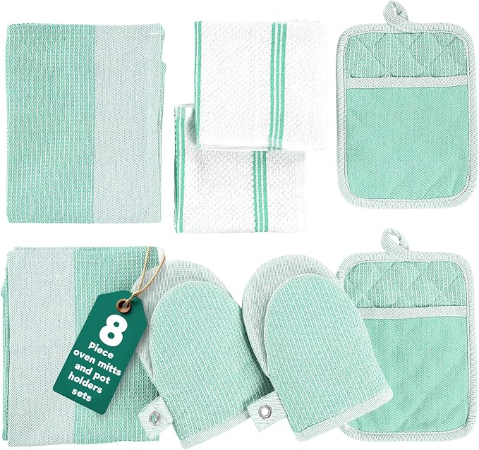 Casa Platino Potholders & Oven Mitts Heat Resistant, 8-Piece Mini Oven Mitt with Silicone Grip, Potholder for Kitchens, 2 Kitchen Towels & 2 Dish Cloths – Durable & Non-Slip – Sage