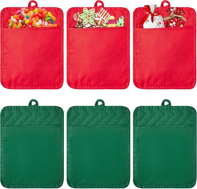 R HORSE 6 Pack Christmas Red Green Pot Holders with Pockets, 7''x 9'' | Cotton Kitchen Hot Pads, Heat Resistant Oven Mitts, Non-Slip Potholder Terry Cloth, Ideal for Baking, Cooking, Christmas Gift